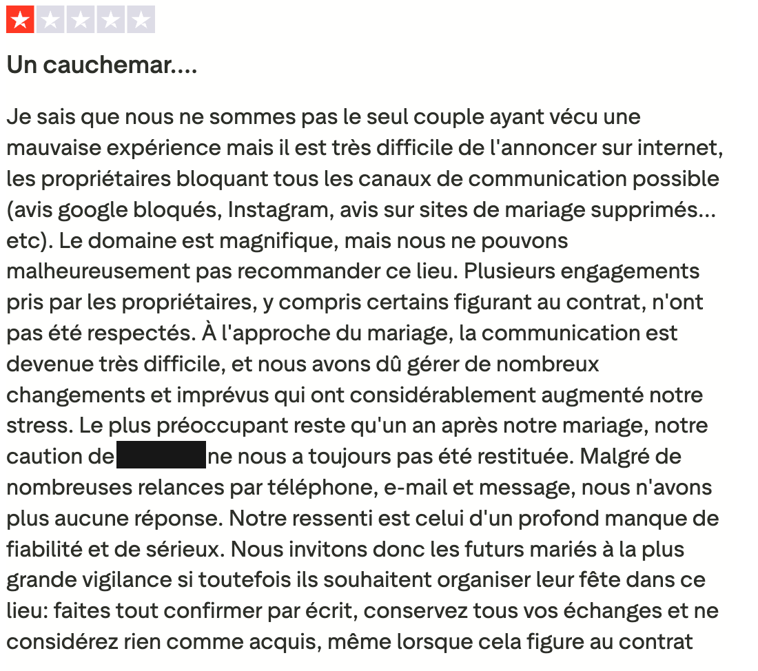 Excerpt of the original one-star Trustpilot review, in French, titled “Un cauchemar…”. Reviewer details and the deposit amount are covered. The key passages are transcribed below the image.